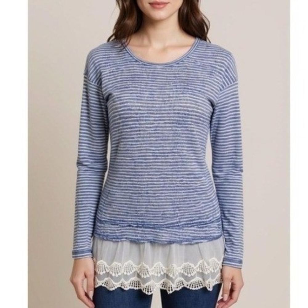 JOLT Tunic Blouse • Sheer Double Layer •‎ Lace Trim • Blue Stripe • XS Feminine